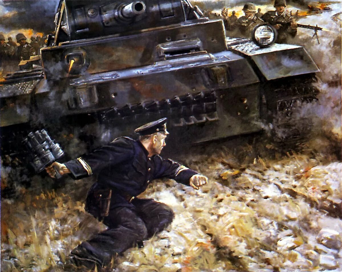 Немецкие танки против. Экипаж STUG 3. Танкист живопись. Солдат против танка. С гранатой под танк.