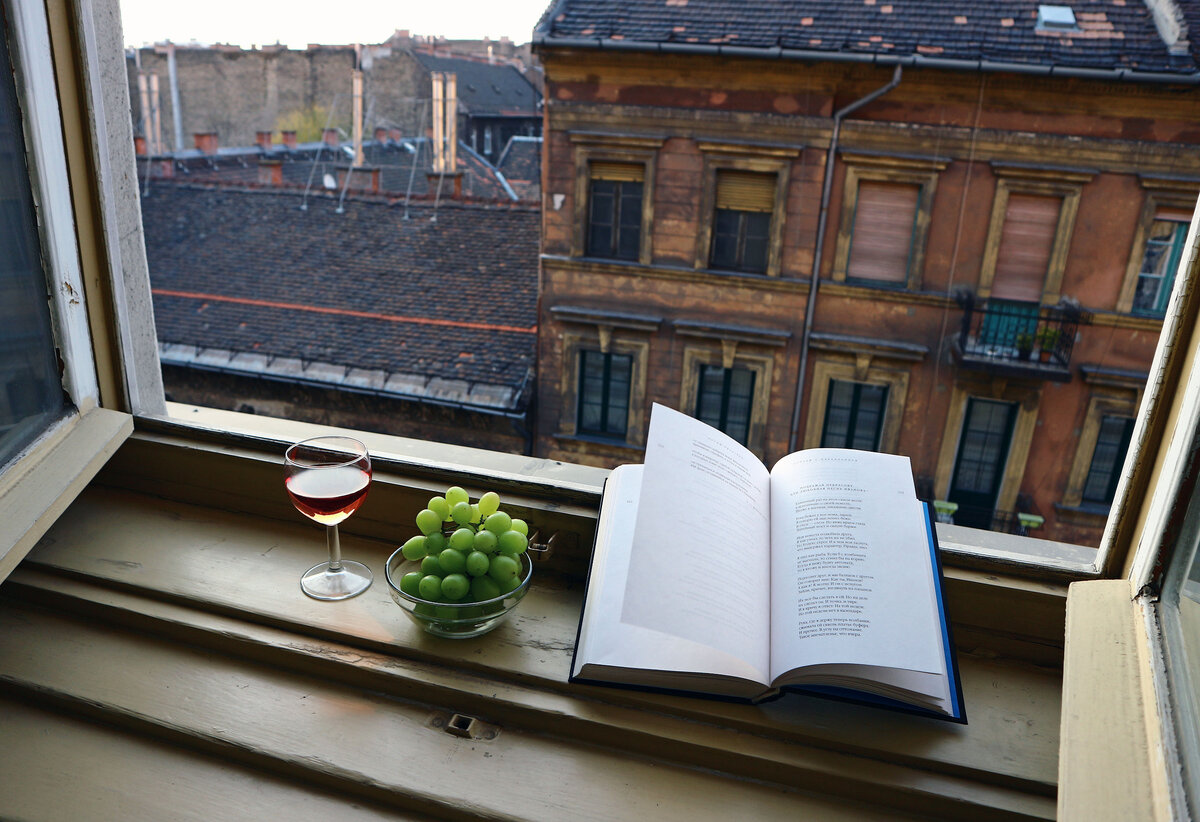бокал вина, кисть винограда и томик Бродского