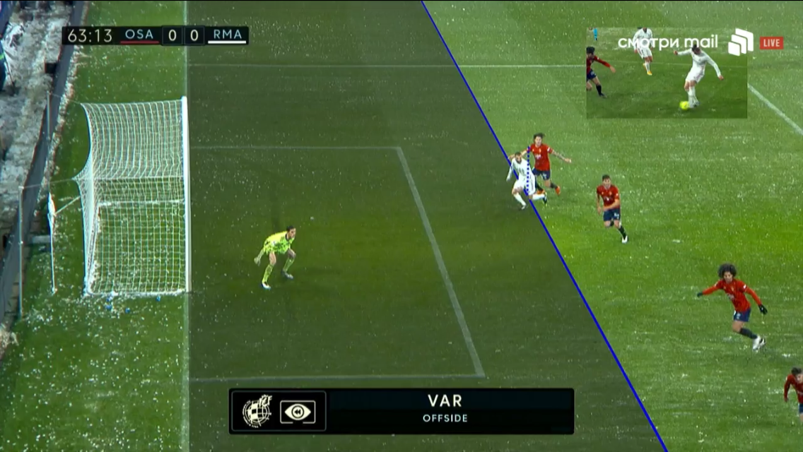 10.01.2021. Осасуна-Реал. Момент с первым "голом" Бензема. Было и без ВАР видно, что офсайд. Скриншот сделан в момент трансляции на телеканале "Сила ТВ"