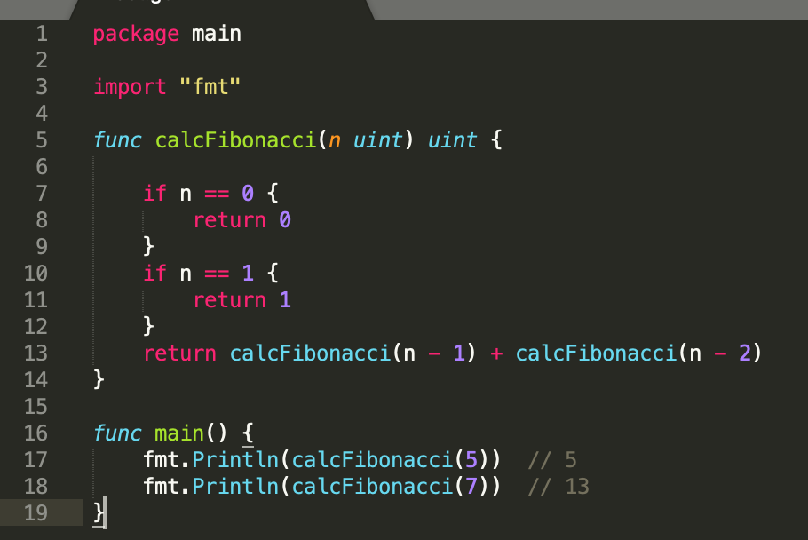 Пример программы вычисления N-го члена последовательности Фибоначчи на Golang
