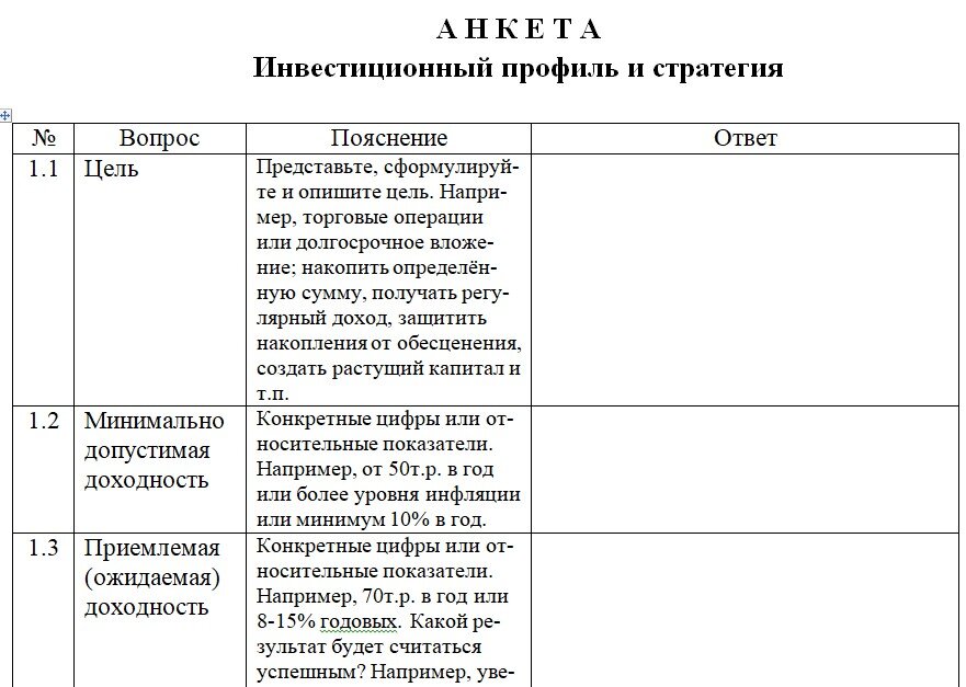 Пример опросника для анкетирования.