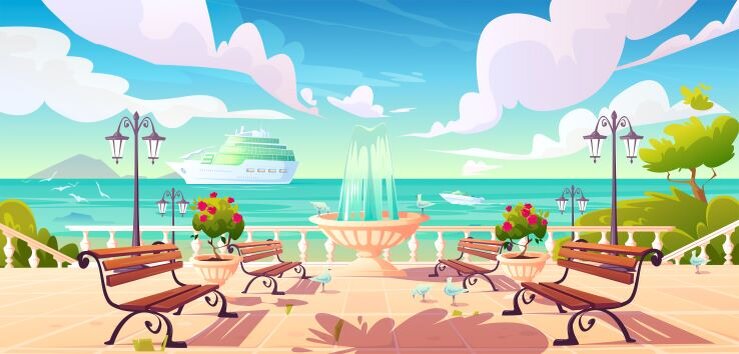 <a href="https://www.freepik.com/free-vector/summer-seafront-quay-with-cruise-ship-ocean_7743100.htm / Image by upklyak</a> on Freepik