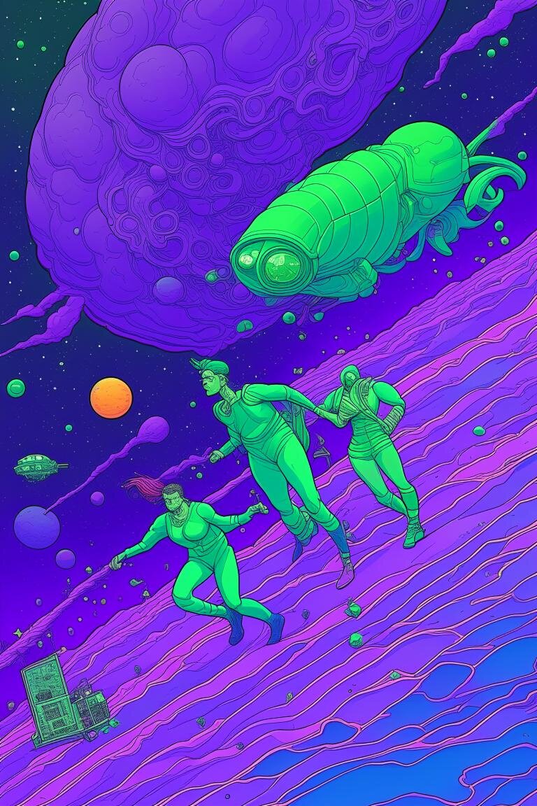 a comic page with two women and two men flying in space, in the style of colorful moebius, antony gormley, 8k resolution, georges gimel, expansive spaces, comic art, light purple and dark green