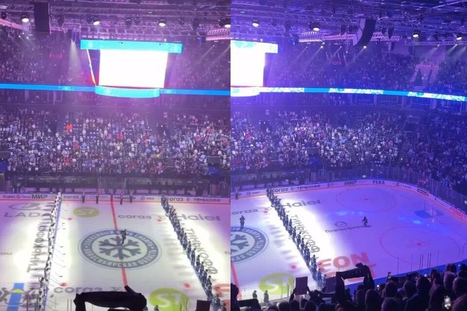    Болельщики хоккейной «Сибири» хором спели гимн России с трибун нового ЛДС. Фото: Кадр из видео/ХК "Сибирь"