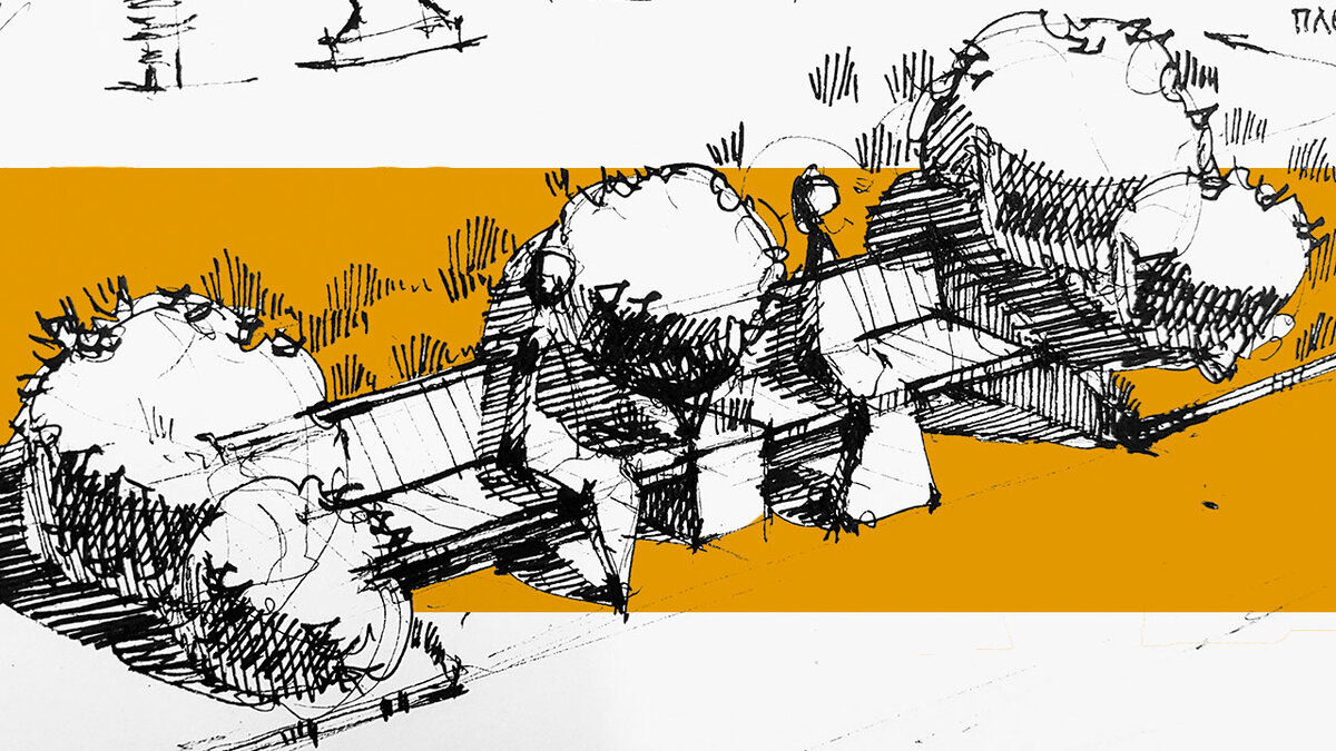 Ландшафтный скетчинг и дизайн. Идея скамейки на склоне.  Кичигин Эдуард