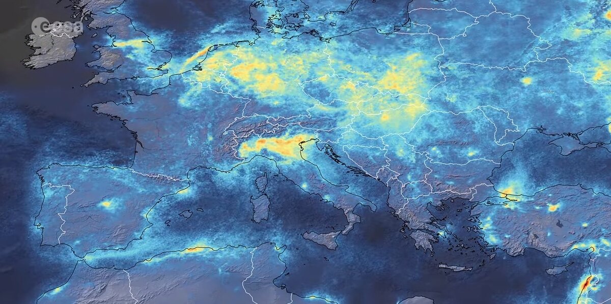 Концентрация диоксида азота в атмосфере в марте 2020, источник  European Space Agency.