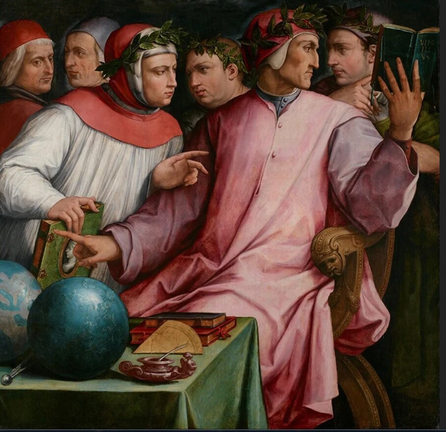 Джорджо Вазари. "Шесть тосканских поэтов". Изображены Чино ди Пистойа, Гвиттоне д’Ареццо, Кавальканте, Боккаччо, Данте и Петрарка.