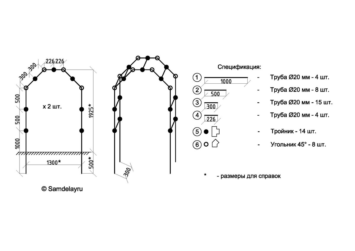 Чертеж шпалеры из труб ПВХ. Разработка автора.