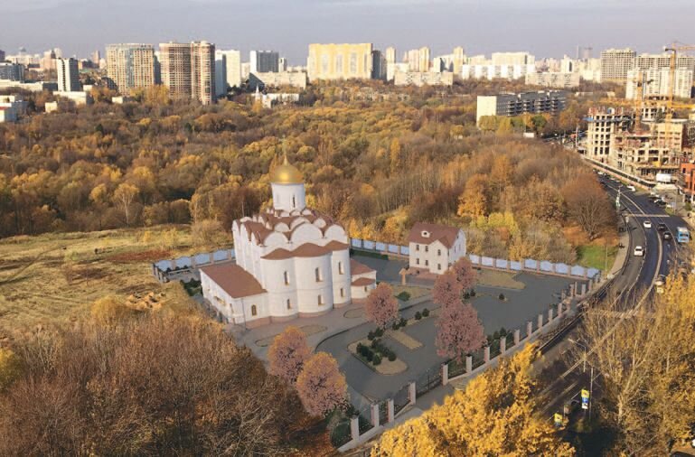 Будущий храм Успения Пресвятой Богородицы в окружающем ландшафте.
