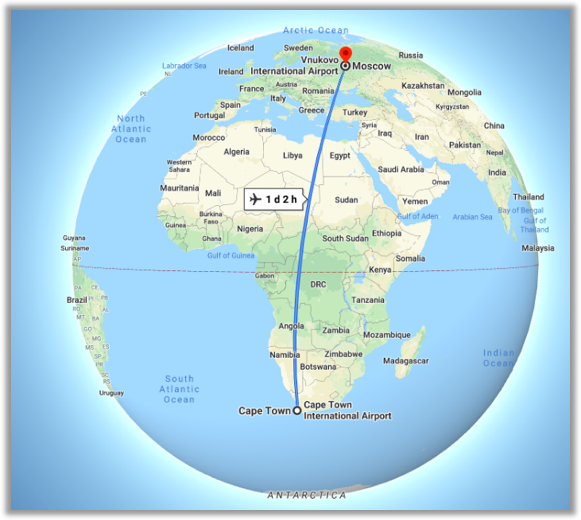 Перелёт Москва - Кейптаун, занимает в среднем 16-18 часов с одной пересадкой