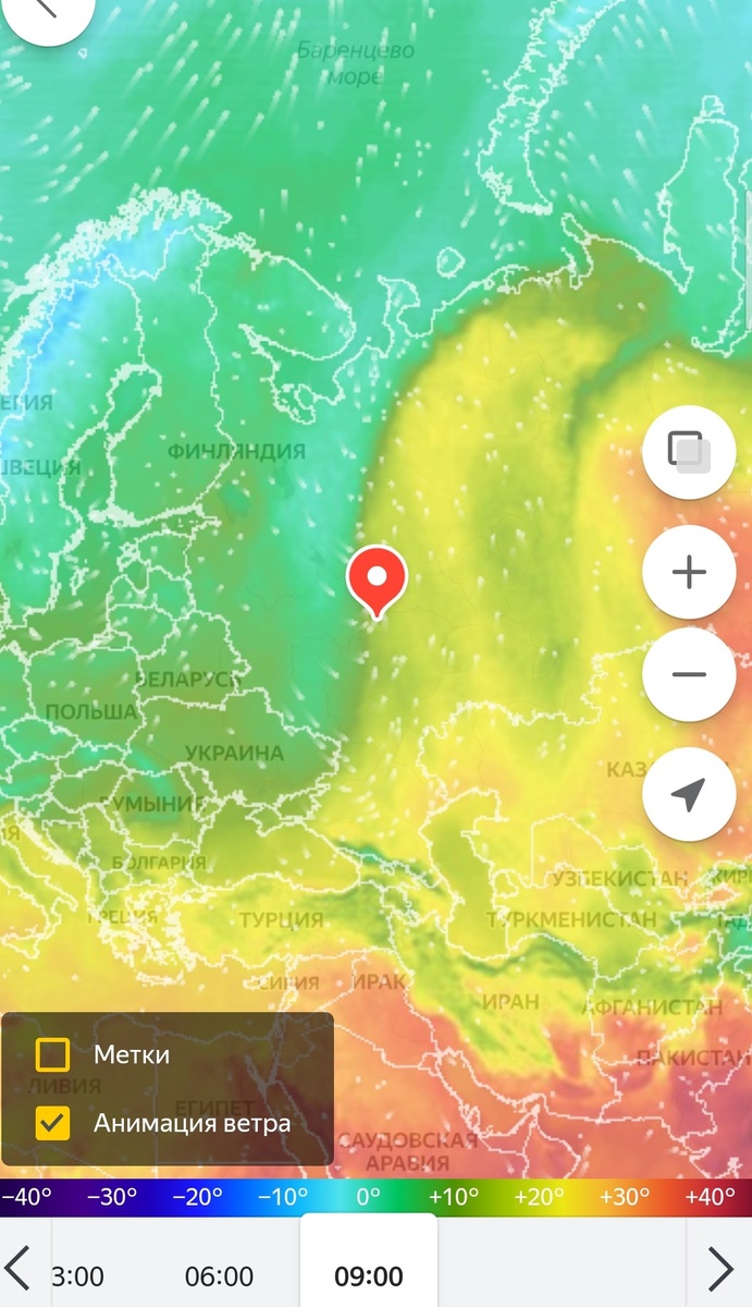 13 мая, 9 утра. Москва уже в тыловой части циклона, под холодными северными ветрами. Скриншот с Яндекс.Погоды