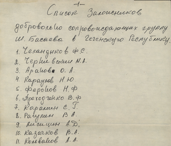 Список заложников, Буденновск, фрагмент, всего в списке 152 фамилии