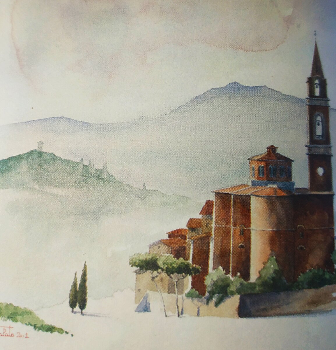 Мы видем живописное многообразие оттенков на переднем плане, а на заднем всё словно в тумане. (Акварель Валериано Либролато)