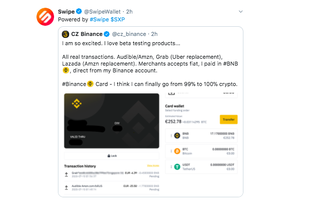 Компания Swipe ретвитит результаты тестирования Binance Card Чанпенгом Чжао.