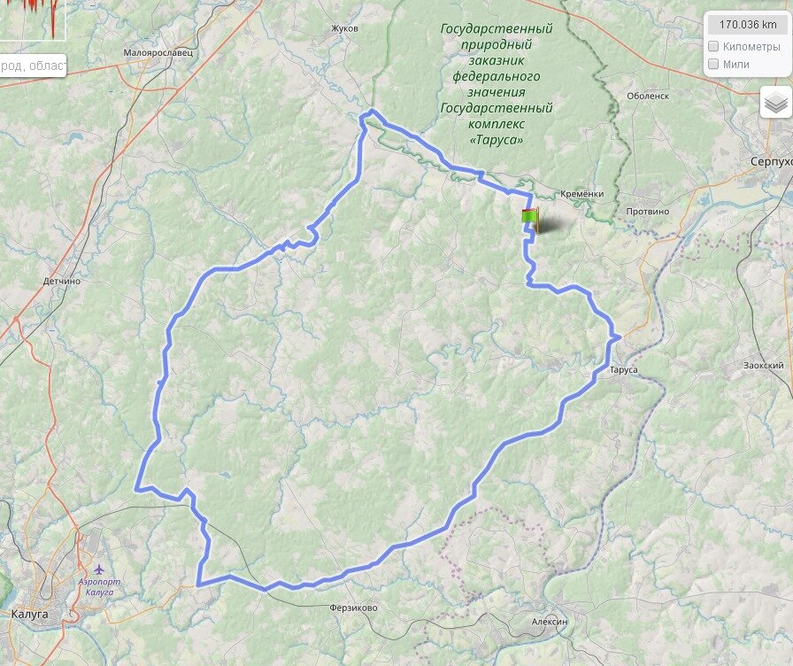 Общая нитка маршрута. Левая часть - Старая Калужка от Черной Грязи до окрестностей Калуги