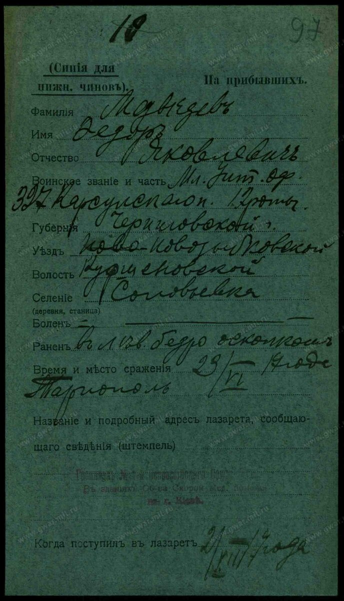 1917 год, карточка на прибывшего в госпиталь, Медведева Фёдора Яковлевича