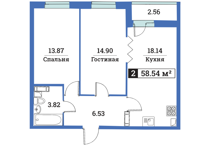 Пример 2-комнатной семейной планировки. Большая кухня легко превращается в кухню-гостиную, где будет собираться вся семья.