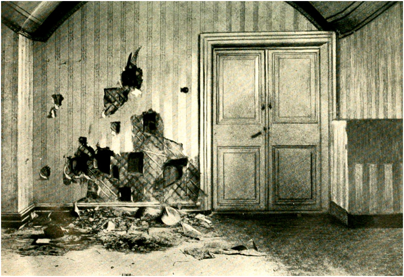 Комната в подвале дома Ипатьева в Екатеринбурге, где произошел расстрел царской семьи.