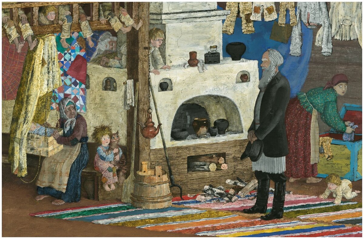 Маленькая растрепаная девочка, обнимающая кошку, и есть Дарёнка. А мужчина с бородой - дед Кокованя. Хужодник Михаил Бычков (источник фото: https://m.market.yandex.ru) 