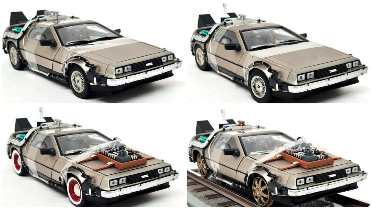Рис. 2. Вариация модификаций машин времени DeLorean DMC-12 из всех частей к/ф "Назад в будущее" от Sun Star; масштаб 1:18 (фотографии с просторов интернета)