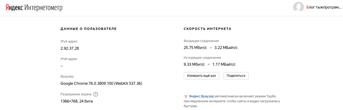 Измерение скорости на Яндекс.Интернетометр