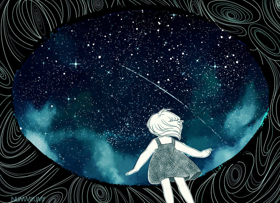 Мечтаем о звездах. Девочка и звездное небо. Звездное небо иллюстрация. Вселенная рисунок. Рисование звездное небо.