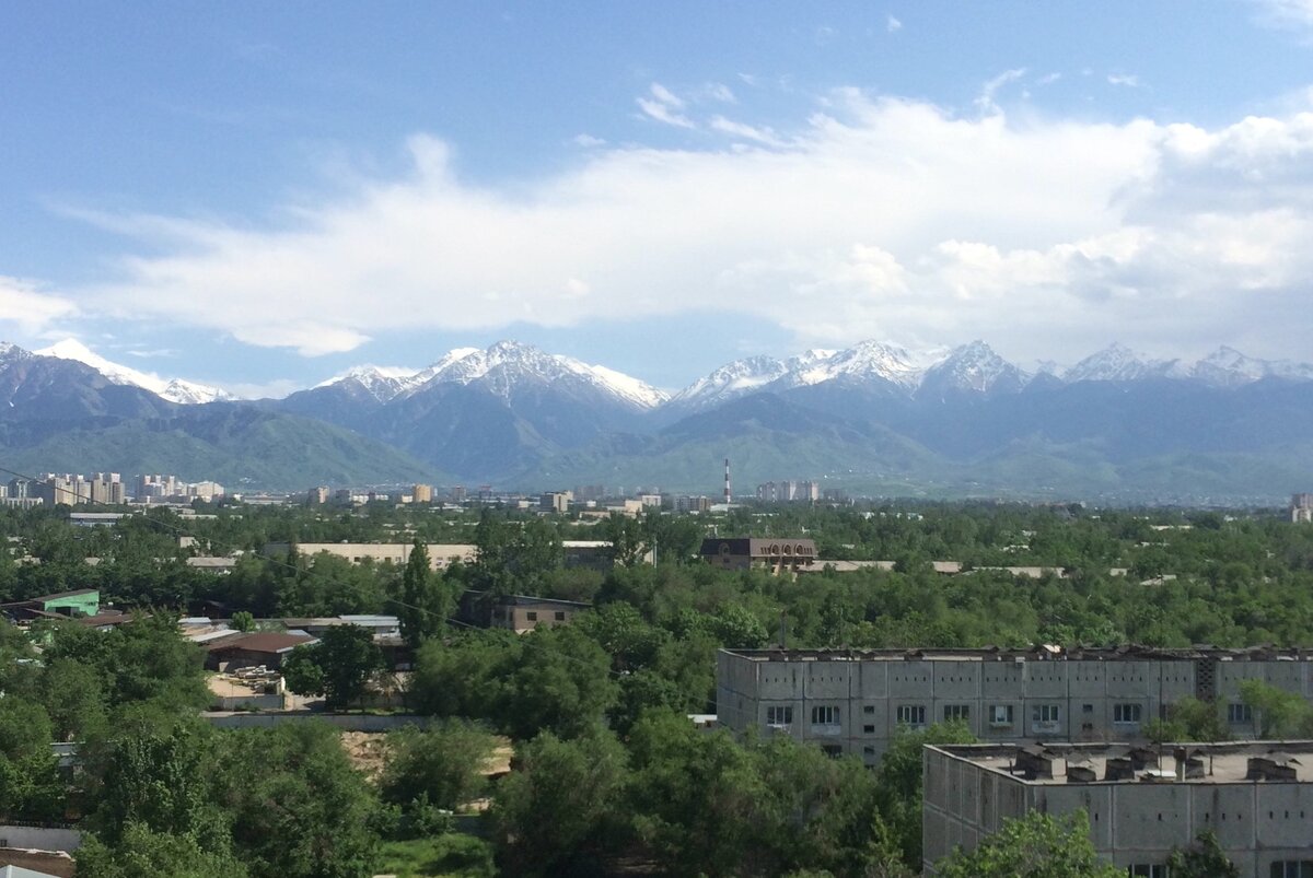 Алма-Ата - город на фоне гор. Вид из квартиры моих родственников. Фотография автора 2013 г.  Жаль, что камера моего смартфона не смогла передать весь динамический диапазон. На самом деле горы выглядят более впечатляюще. 