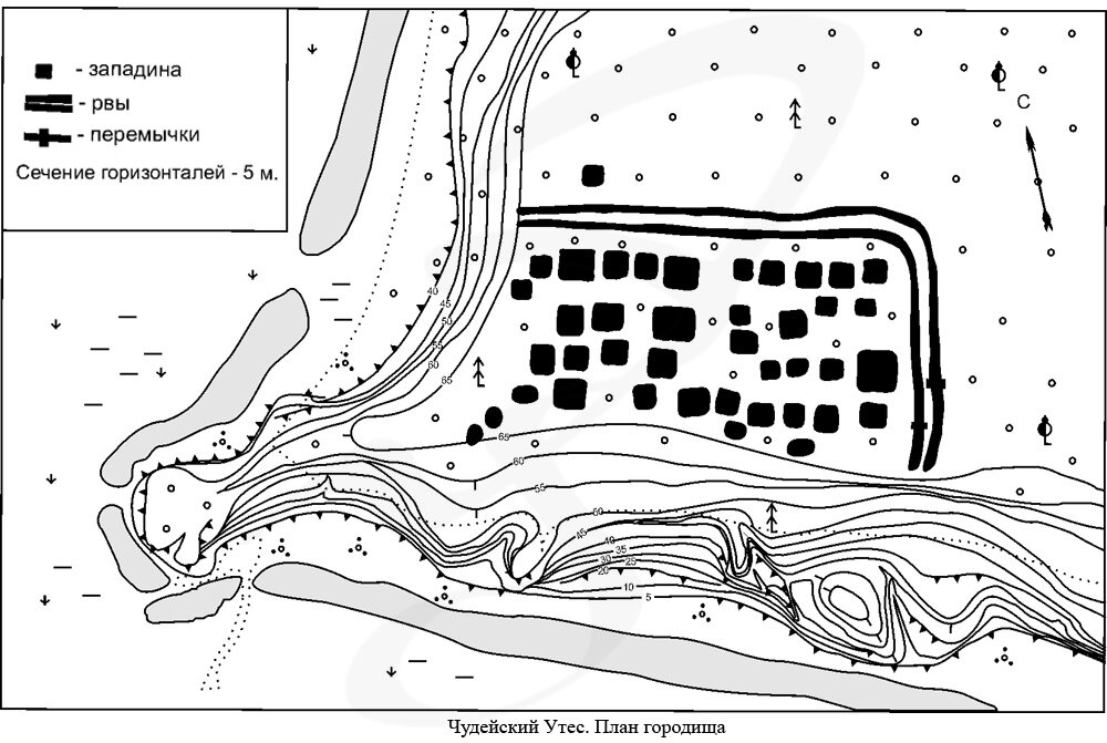 Остатки стен Чудейского городища и его план.