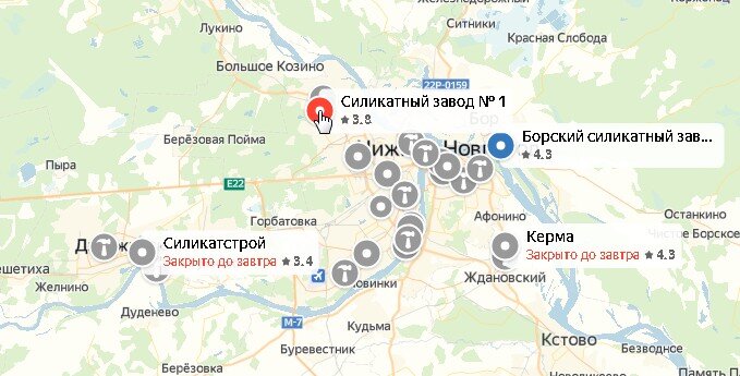 На карте подписаны 4 ближайших к Нижнему Новгороду кирпичных завода