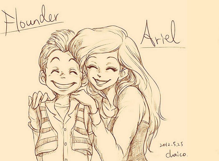 

Ариэль и Флаундер из мультфильма *Русалочка*
Японская художница Chaico, большая поклонница мультфильмов студии Дисней, решила представить, как бы могли выглядеть любимые персонажи будучи героями аниме.