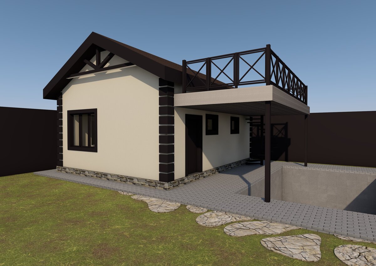 Эскизный вариант бани со скатной кровлей и балконом