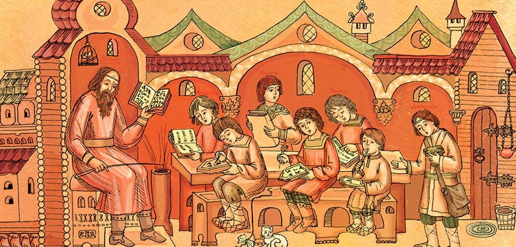 Обучение в древнерусской школе. Иллюстрация из открытых источников