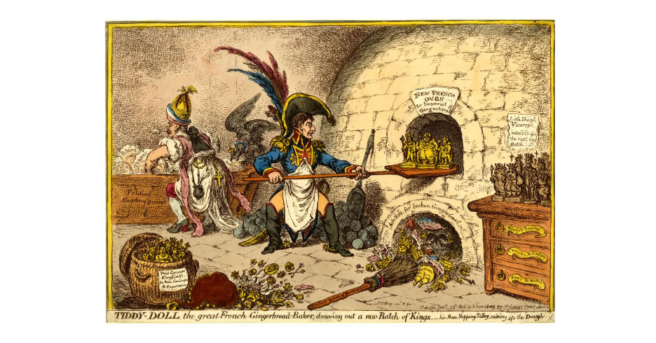 Tiddy-Doll the great French Gingerbread-Baker, drawing out a new Batch of Kings, by James Gillray, 1806. Любезно предоставлено Британским музеем.
