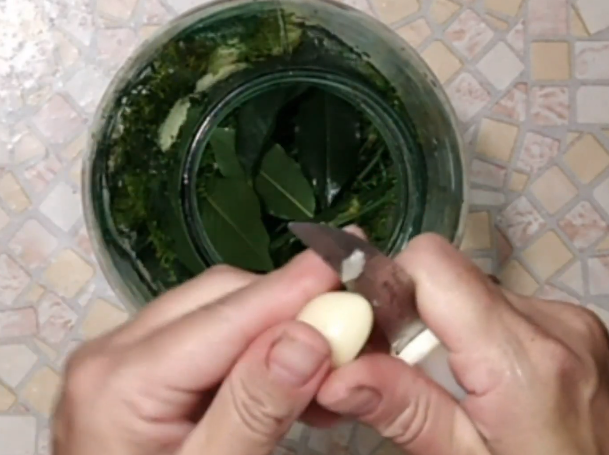 Банка с укропом, листьями вишни, и чесноком.