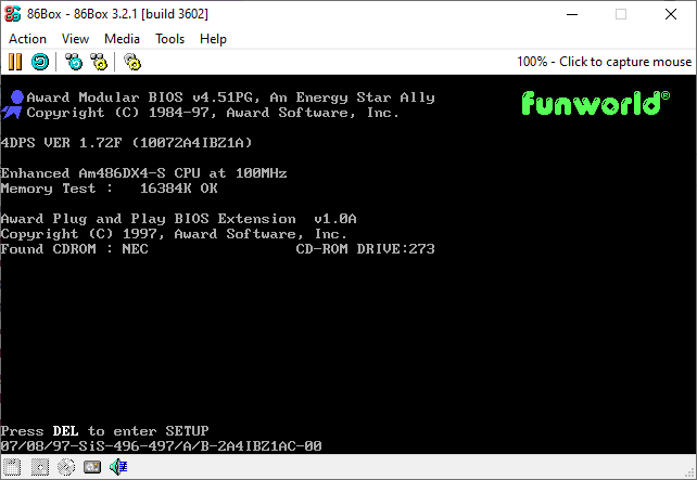 86BOX На экране эмуляция ZIDA 4DPS+486DX4 и 16Мб ОЗУ