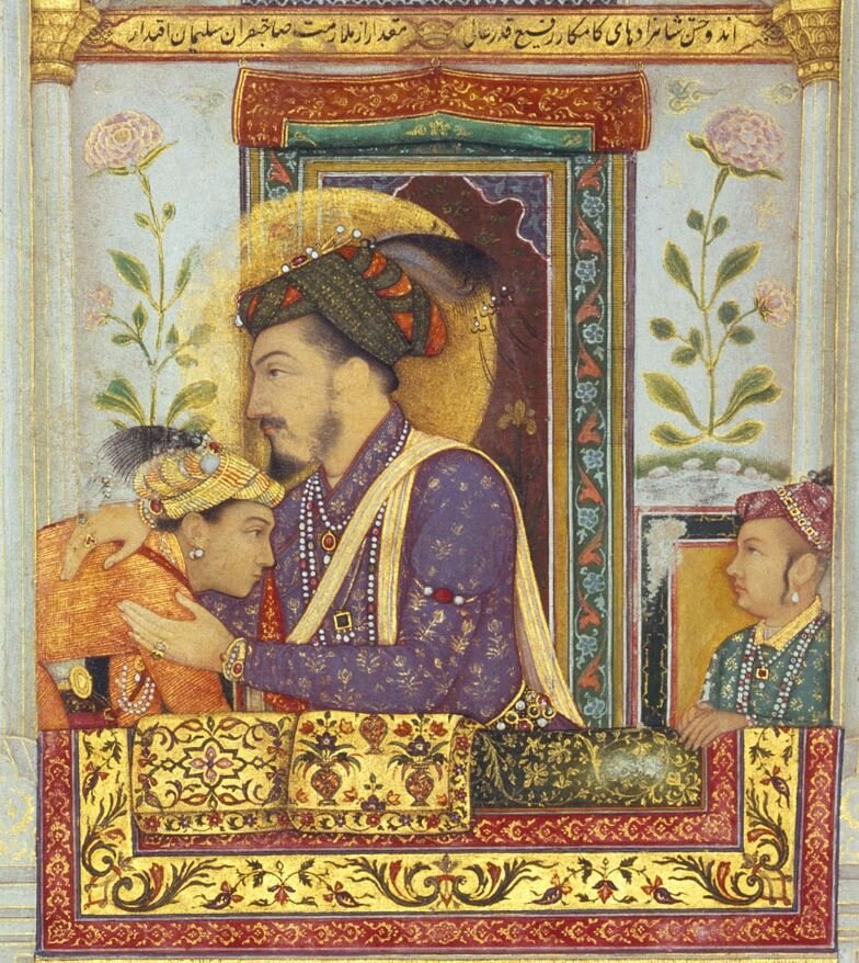 Со старшим сыном (видимо, от Мумтаз-Махал), на миниатюре Бичитра