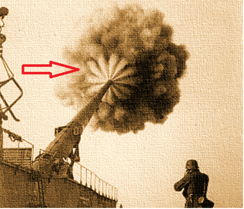 Испытания мега-пушки "Толстый Густав" гитлеровцами в 1941-м году. Фото мощнейшего выстрела зафиксировало перпендикулярную к направлению движения снаряда пространственно-полевую (кратную квадруполю) плоскость расслоения полевой структуры пространства, указанную красной стрелкой. Она образуется из-за мощнейшего и резкого истечения пороховых газов, выталкивающих снаряд. Вот от подобной плоскости отталкивается и ракета в космосе.