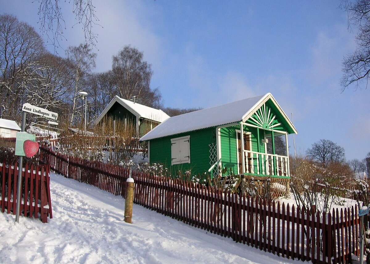 Шведский сад -  колонитрадгордар. Зачастую его размер довольно небольшой. Строить стационарные дома здесь запрещено. И как видим, нет даже электричества.