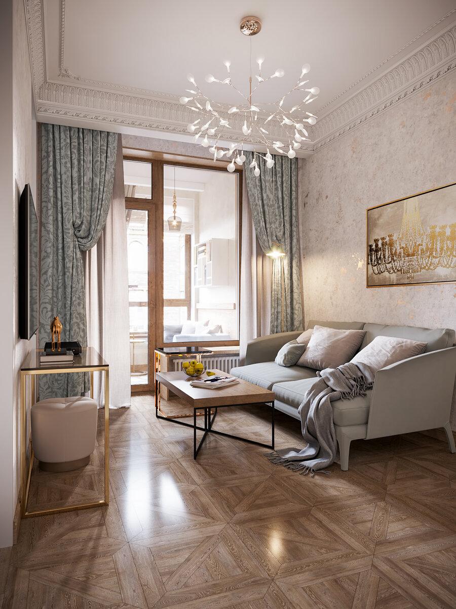 В интерьере присутствуют элементы классики, ар-деко, эко- и современного стиля