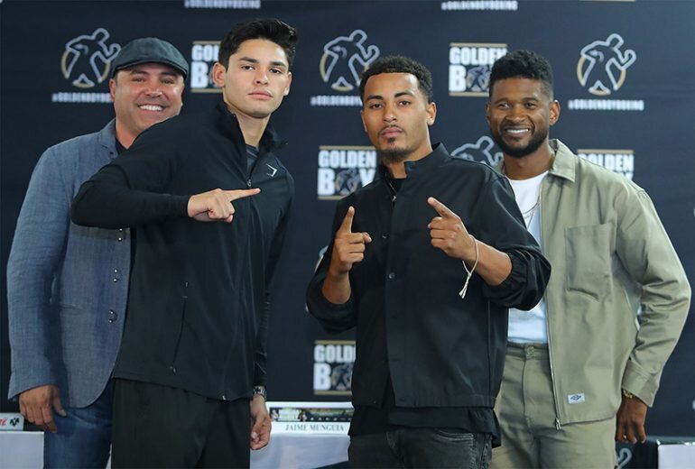  РАЙАН ГАРСИЯ (В ОКРУЖЕНИИ ПРОМОУТЕРА ОСКАРА ДЕ ЛА ХОЙИ) И ЭВЕРИ СПАРРОУ (РЯДОМ С ЕГО МЕНЕДЖЕРОМ АШЕРОМ) ВСТРЕТИЛИСЬ НА ПРЕСС-КОНФЕРЕНЦИИ В ЛОС-АНДЖЕЛЕСЕ 