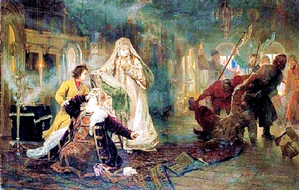 Картина А. И. Корзухина, 1882 (Стрельцы выволакивают на улицу Нарышкина, а маленький Пётр утешает мать).