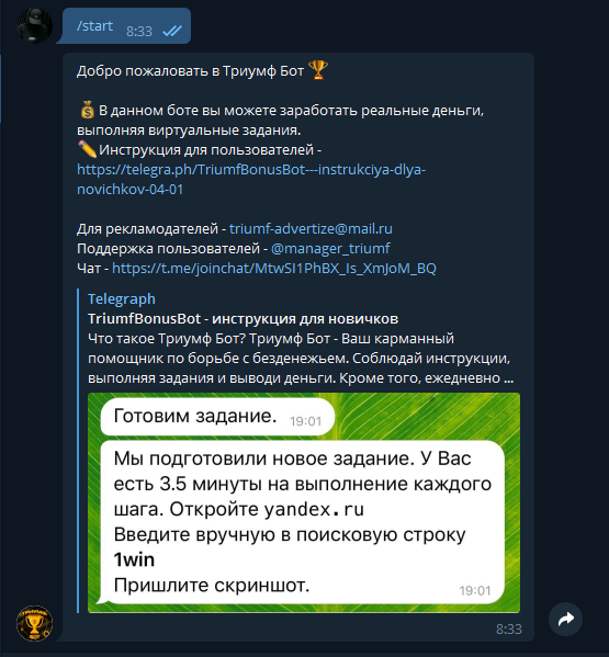Начальная станица при запуске бота