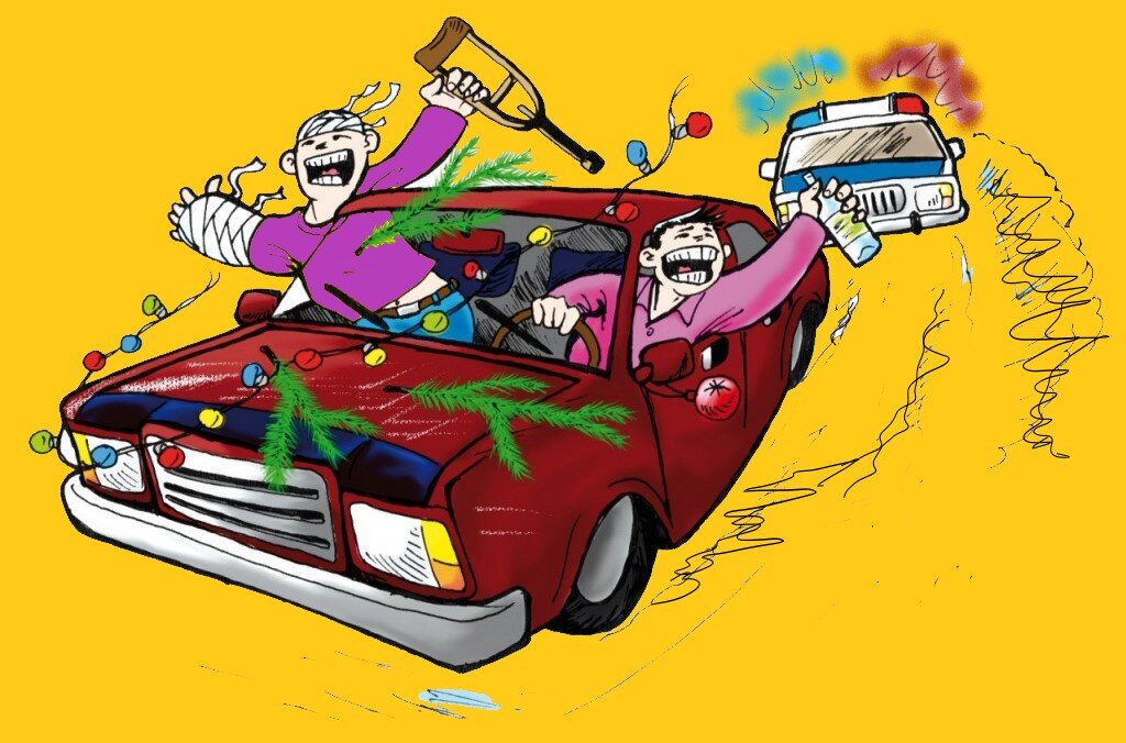 Езда нетрезвым за рулем, должна караться пожизненным лишением прав с первого залета! Карикатура на пьяную езду