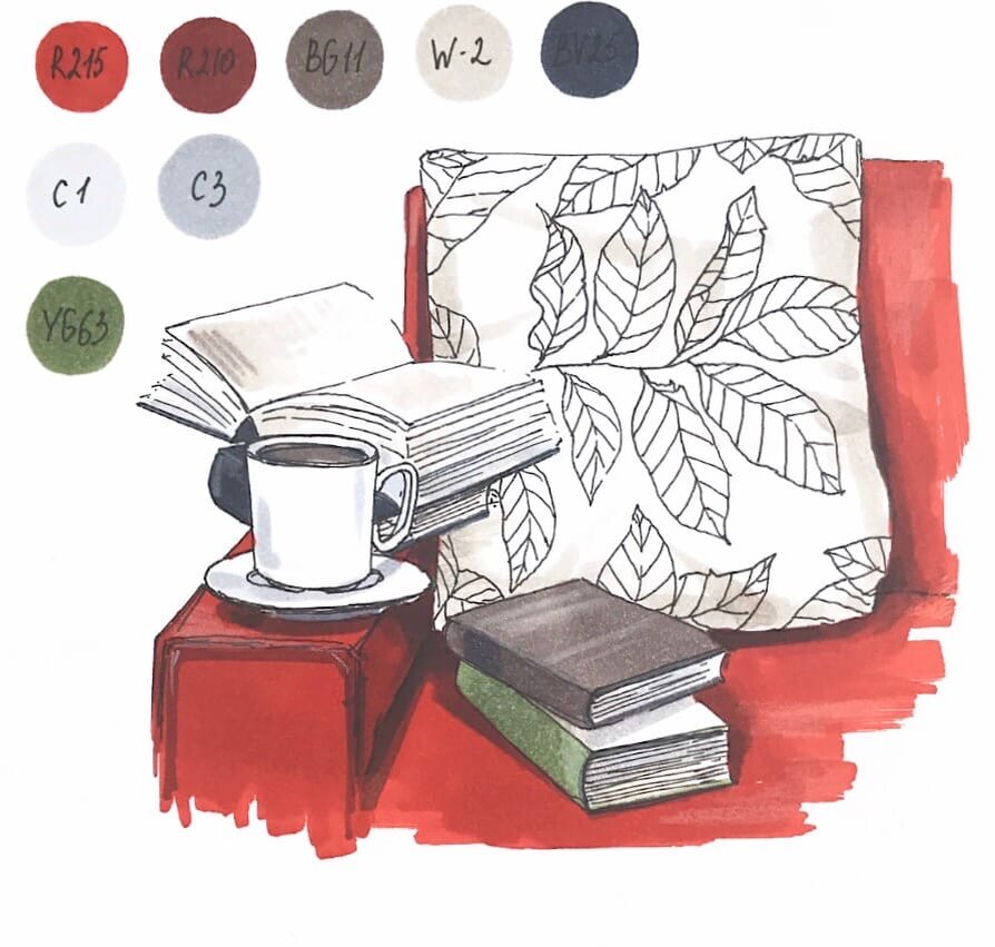 Работа автора. Вот такой скетч мы нарисуем. Сверху слева палитра оттенков, которые понадобятся. Я рисую спиртовыми маркерами