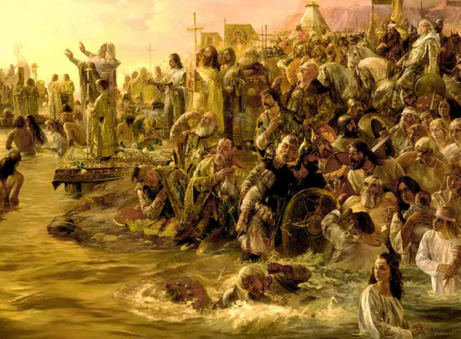 По этому времени есть только художественные картины, отражение представлений художника. Крещение Руси,  предположительно 988 г.