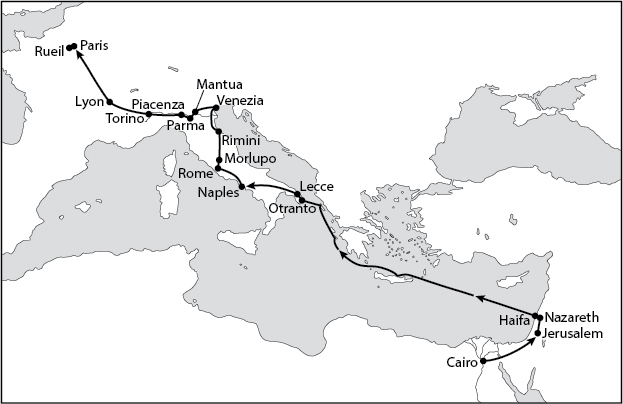Маршрут путешествия Загги Криста из Каира в Париж (© Matteo Salvadore, Map of Zaga Christ’s Travels, 1632–1628)