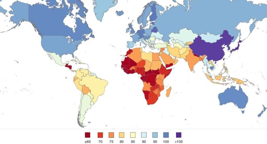 Карта IQ по странам. Китай – один из самых умных, а у России и США равенство