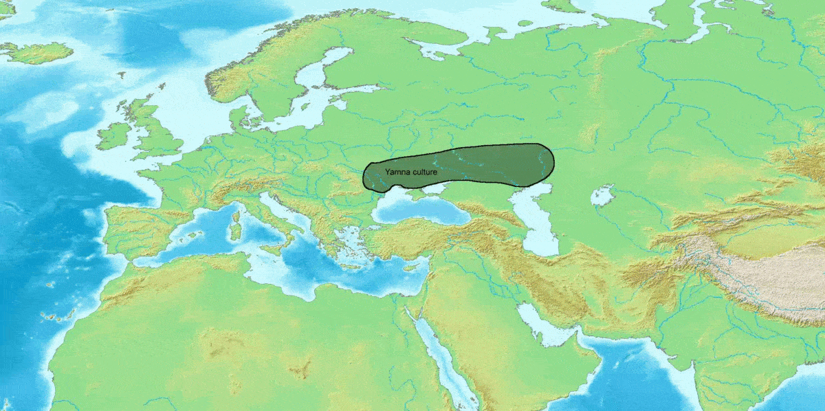 Joshua Jonathan. Собственная работа Animated map of Indo-European migrations. Sources: J.P. Mallory (1999) "In Search of the Indo-Europeans" D. Anthony (2007) "The Horse, The Wheel and Language" Allentoft et al. (2015) "Population genomics of bronze Age Eurasia", Nature, 11 june 2015, vol. 522 Haak et al. (2015) "Massive migration from the steppe was a source for Indo-European languages in Europe", Nature, 522: 207–211 The animated map gives an overall impression; in the details, many things are not exactly right. The first migration into the Danube Valley, for example, did not proceed from the Yamna culture, which started almost a millennium later. But altogether, the idea is to give a general impression of the migrations. I hope a team of professionals (Reich, Anthony, have you got some students available?) will pick up the idea of using a GIF to communicate an overview of the IE-migrations, and create a really good GIF of it.