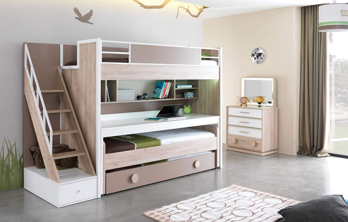 Стильная многофункциональная кровать-трансформер в детскую на 3 кровати, со столом м модулями для хранения книг и грушек