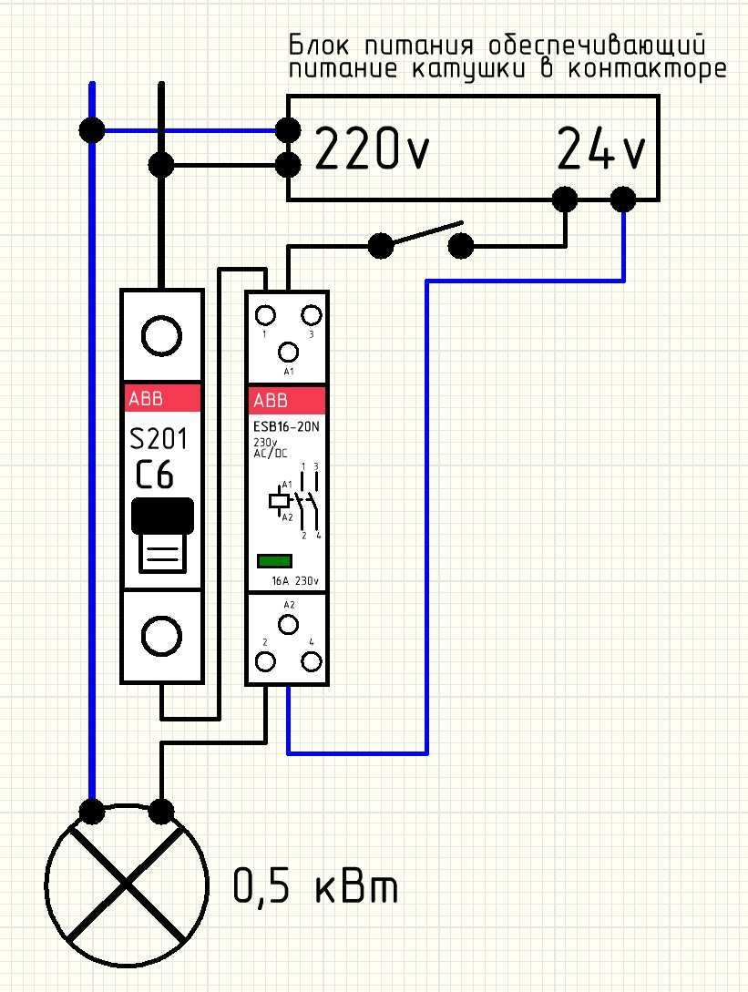 Пускатель освещения. Контактор модульный IEK km 20-20 схема подключения. Контактор модульный ABB схема подключения. Схема подключения модульного контактора трехфазного. Схема подключения контактора ABB ESB 20-20 через выключатель.